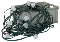 Grünes Illu-Lichterketten-Kabel mit schwarzen Fassungen und bunte Glühbirnen in Rot, Grün, Gelb und Blau vor einer grauen Transportbox, freigestellt auf weißem Hintergrund.